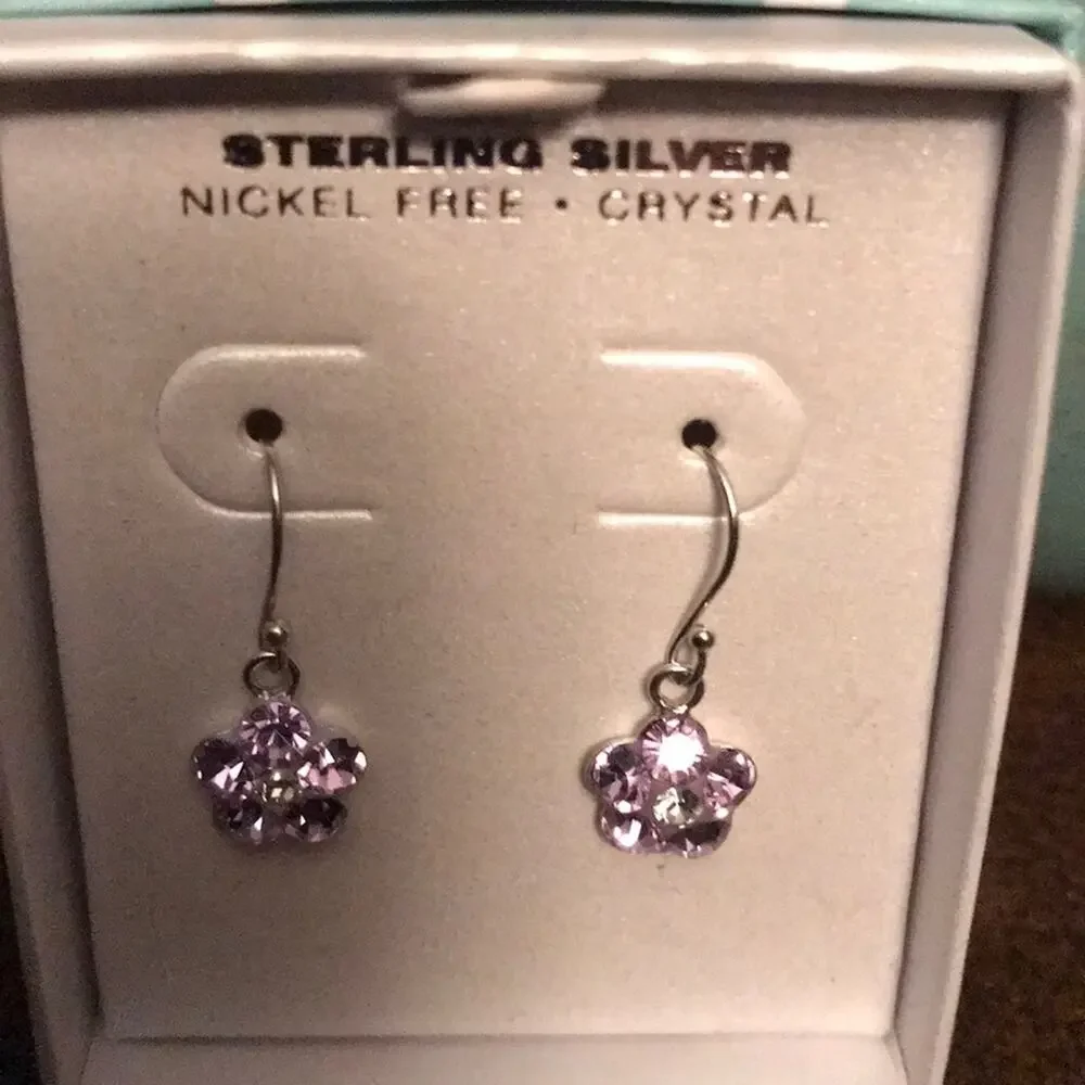 NIB Sterling silver wire earrings Nickel free w/lavender crystals dangle flower